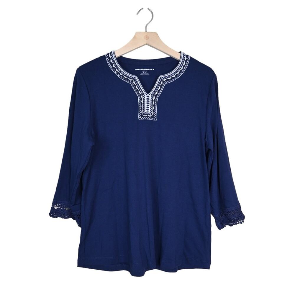 Allison Daley 3/4 Sleeve Embroidered Pullover Blouse Womens Petite Large